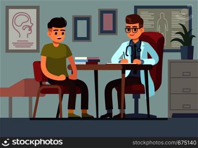 Patient in doctor office. Healthcare hospital physician therapy medical help consultation diagnosis treatment health patients, vector concept. Patient in doctor office. Healthcare hospital physician medical help consultation diagnosis treatment health patients, vector concept