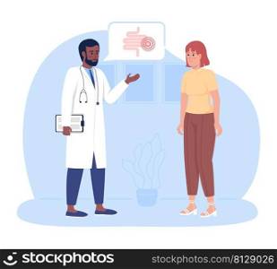Patient listening to gut checkup results with doctor 2D vector isolated illustration. Hospital flat characters on cartoon background. Medical tests colourful scene for mobile, website, presentation. Patient listening to gut checkup results with doctor 2D vector isolated illustration