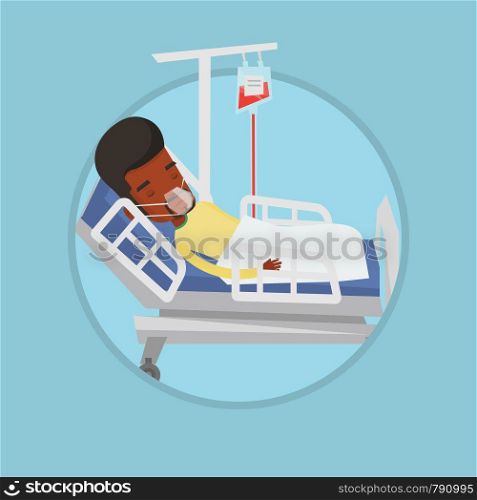 Patient lying in bed in hospital. Man resting in hospital bed with heart rate monitor. Patient during blood transfusion procedure. Vector flat design illustration in the circle isolated on background.. Patient lying in hospital bed with oxygen mask.