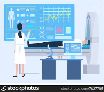 Patient lying in cardiogram, health diagnosis, board report of disease. MRI and woman doctor or nurse, microscope and computer on desktop, lab vector, computer tomografy CT, magnetic resonance imaging. Laboratory Tech, Patient Cardiogram, Clinic Vector