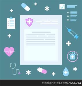 Patient medical history, card with illnesses. Notepad with paper documentation, health insurance map. Signs and icons of syringe and heart, pills and stethoscope. Vector illustration in flat style. Health or Medical Insurance Card, Documentation