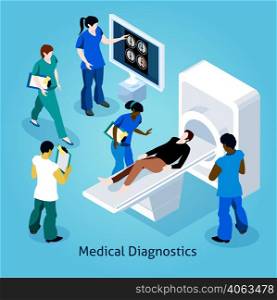 Patient on a reception with medical equipment at doctor isometric composition icons set vector illustration. On Reception At Doctor Isometric Composition