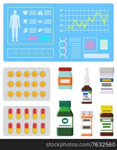 Patient scanning device innovation in medicine, healthcare and treatment. Pills and capsules in blister, drops and sprays for getting well recovery. Vector illustration in flat cartoon style. Laboratory Research Scanner with Data of Patient