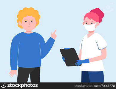 Patient visiting doctor office. Man consulting his physician wearing face mask flat vector illustration. Medical examination, healthcare concept for banner, website design or landing web page