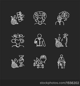 Patient with disability chalk white icons set on black background. Handicapped man. Paralyzed person in wheelchair. Brain injury. Chronic illness. Isolated vector chalkboard illustrations. Patient with disability chalk white icons set on black background