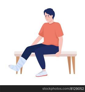 Patient with gypsum on leg semi flat color vector character. Sitting figure. Full body person on white. Traumatology simple cartoon style illustration for web graphic design and animation. Patient with gypsum on leg semi flat color vector character