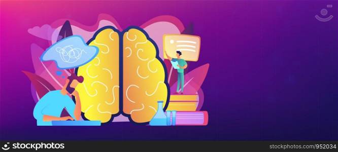 Patient with thought bubble and doctor examining brain. Alzheimer disease and dementia, dotage and memory loss concept on white background. Header or footer banner template with copy space.. Alzheimer disease concept banner header.