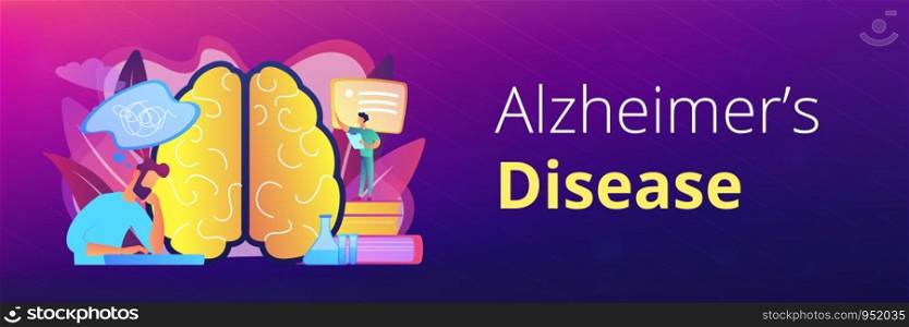 Patient with thought bubble and doctor examining brain. Alzheimer disease and dementia, dotage and memory loss concept on white background. Header or footer banner template with copy space.. Alzheimer disease concept banner header.