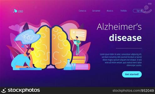 Patient with thought bubble and doctor examining brain. Alzheimer disease and dementia, dotage and memory loss concept on white background. Website vibrant violet landing web page template.. Alzheimer disease concept landing page.