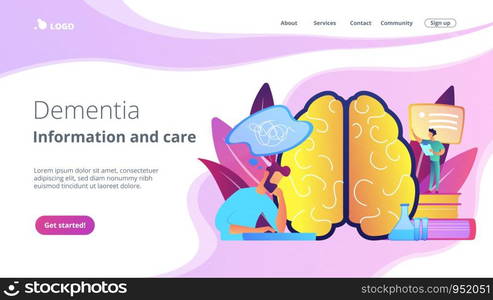 Patient with thought bubble and doctor examining brain. Alzheimer disease and dementia, dotage and memory loss concept on white background. Website vibrant violet landing web page template.. Alzheimer disease concept landing page.