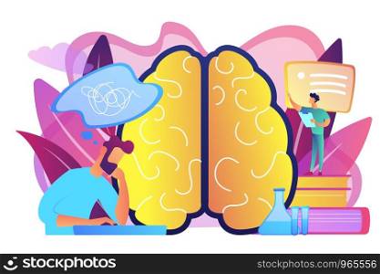 Patient with thought bubble and doctor examining brain. Alzheimer disease and dementia, dotage and memory loss concept on white background. Bright vibrant violet vector isolated illustration. Alzheimer disease concept vector illustration.