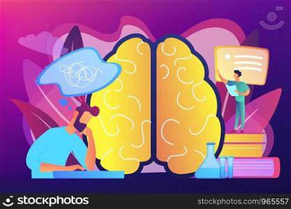 Patient with thought bubble and doctor examining brain. Alzheimer disease and dementia, dotage and memory loss concept on ultraviolet background. Bright vibrant violet vector isolated illustration. Alzheimer disease concept vector illustration.