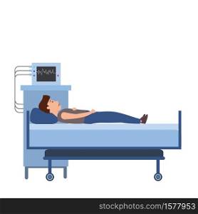 Patient young men in a medical bed, medical equipment. Hospitalization of the patient. Patient young men in a medical bed, medical equipment. Hospitalization of the patient. Medicine and healthcare concept. Vector illustration flat cartoon character