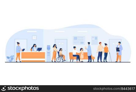 Patients and doctors meeting and waiting in clinic hall. Hospital interior illustration with reception, person in wheelchair. For visiting doctor office, medical examination, consultation concept