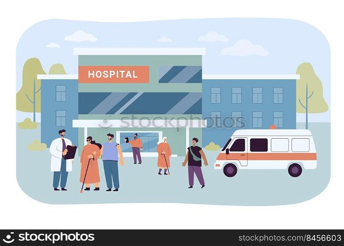 Patients and visitors walking near hospital building. Flat vector illustration. Ambulance car, medical worker, people on background of clinic. Emergency service, medicine, healthcare concept