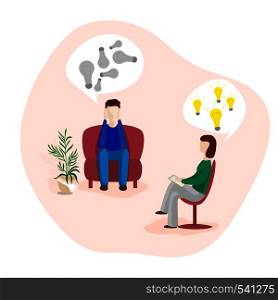 Patients at a reception at the psychotherapies. Man talking to psychotherapist or psychologist and answer questions.. Man talking to psychotherapist or psychologist and answer questions.