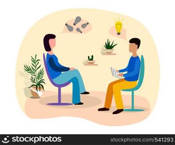 Patients at a reception at the psychotherapies. Woman talking to psychotherapist or psychologist and answer questions.. Woman talking to psychotherapist or psychologist and answer questions.