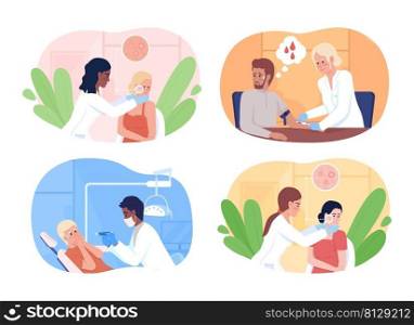 Patients at appointment with doctor 2D vector isolated illustrations set. Medical flat characters on cartoon background. Healthcare service colourful scene for mobile, website, presentation pack. Patients at appointment with doctor 2D vector isolated illustrations set