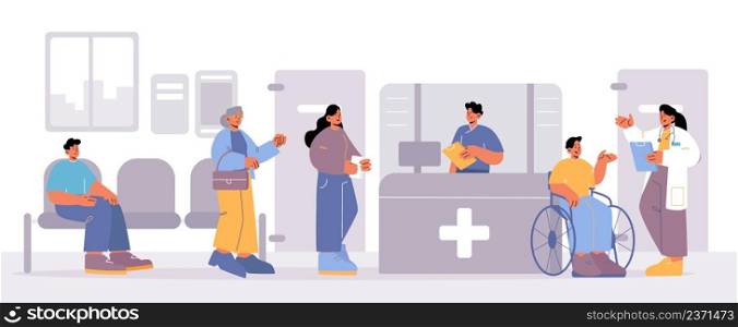 Patients characters waiting doctor appointment in hospital hallway with reception desk. Sick people sitting in clinic corridor, Health care and medicine service concept, Line art vector illustration. Patients characters waiting doctor appointment
