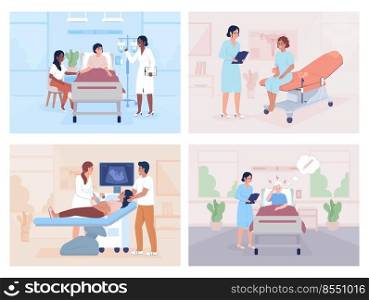 Patients examination in hospital flat color vector illustrations set. Doctor appointment. Healthcare. Fully editable 2D simple cartoon characters with clinic interior on background collection. Patients examination in hospital flat color vector illustrations set