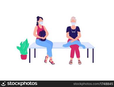 Patients in medical masks sitting on bench flat color vector faceless characters. Waiting for hospital appointment isolated cartoon illustration for web graphic design and animation. Patients in medical masks sitting on bench flat color vector faceless characters