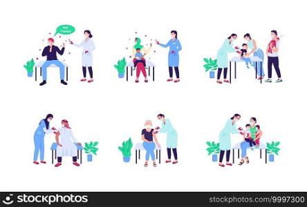 Patients receiving vaccine flat color vector faceless character set. Anti vax, no drug. Doctor visit. Health care isolated cartoon illustration for web graphic design and animation collection. Patients receiving vaccine flat color vector faceless character set