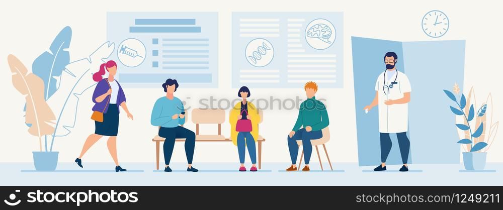 Patients Sitting in Chairs Waiting Appointment Time at Hospital Doctor Consultation Modern Clinic Vector Illustration Man Physician in Uniform Welcoming Visitors Medical Diagnosis for Illness People. Medical Diagnosis for Illness People Flat Banner
