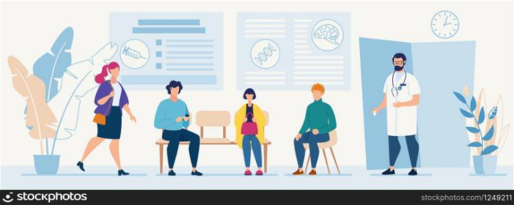 Patients Sitting in Chairs Waiting Appointment Time at Hospital Doctor Consultation Modern Clinic Vector Illustration Man Physician in Uniform Welcoming Visitors Medical Diagnosis for Illness People. Medical Diagnosis for Illness People Flat Banner