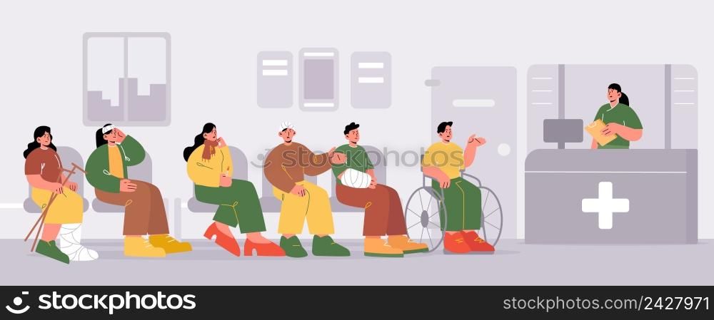 Patients waiting doctors appointment at clinic hallway. People wait in queue at hospital hall with reception desk. Sick persons at medical center interior, healthcare Line art flat vector illustration. Patients waiting doctor appointment at clinic hall