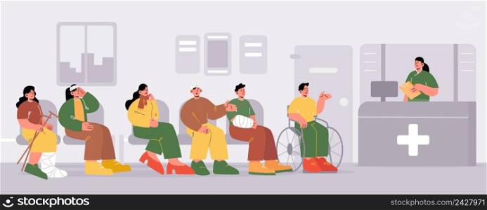 Patients waiting doctors appointment at clinic hallway. People wait in queue at hospital hall with reception desk. Sick persons at medical center interior, healthcare Line art flat vector illustration. Patients waiting doctor appointment at clinic hall