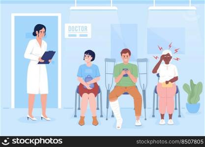 Patients waiting for doctor appointment flat color vector illustration. Queue in hospital. Healthcare. Fully editable 2D simple cartoon characters with clinic on background. Bebas Neue font used. Patients waiting for doctor appointment flat color vector illustration