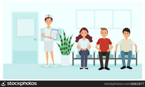 Patients waiting in the hospital/clinic for doctor,nurse is in front of the room. flat cartoon character Vector illustration