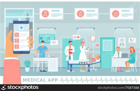 Patients with doctors vector, communication online and supports every day. Medical app. Lab and examination analysis and surgery application, consultation with specialist. Medical Application, Online Service for Patients
