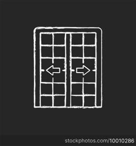 Patio doors chalk white icon on black background. Sliding glass door. Architecture, construction. Large glass window opening. Access from room to outdoors. Isolated vector chalkboard illustration. Patio doors chalk white icon on black background