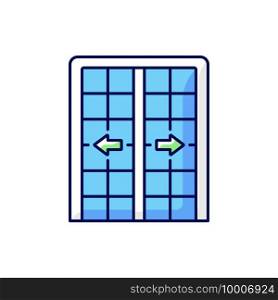 Patio doors RGB color icon. Sliding glass door. Architecture, construction. Large glass window opening. Access from room to outdoors. Allowance maximum light into home. Isolated vector illustration. Patio doors RGB color icon