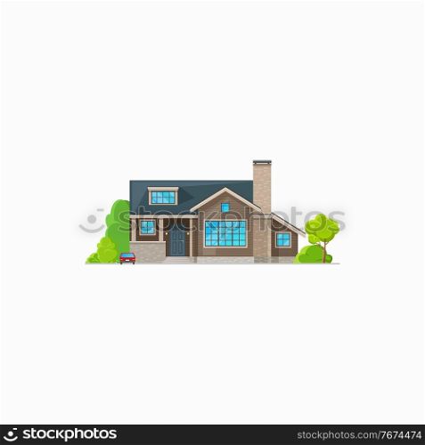 Patio facade exterior isolated chalet building private house. Vector villa with windows and decorative trees. House, contemporary building country style architecture. Facade of modern luxury patio. House exterior with chimney pipe, parked car, tree
