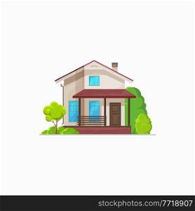 Patio facade exterior isolated chalet building realistic icon. Vector country building townhouse, private property loft dwelling. Country villa facade, windows and green trees, home with porch. Townhouse facade exterior isolated chalet building