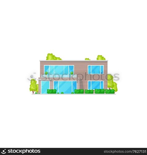 Patio facade exterior isolated chalet building, two-storied house realistic icon. Vector country villa facade, panoramic windows and green trees. Chalet country contemporary building townhouse. Townhouse facade exterior isolated chalet building