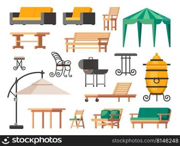 Patio furniture. Summer terrace chair table sofa umbrella, garden and veranda lounge icons with backyard barbecue grill. Vector isolated set. Modern furnishing elements for relaxation. Patio furniture. Summer terrace chair table sofa umbrella, garden and veranda lounge icons with backyard barbecue grill. Vector isolated set
