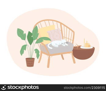 Patio wooden furniture 2D vector isolated illustration. Outdoor chair and table flat items on cartoon background. Cozy and comfortable arrangement colourful scene for mobile, website, presentation. Patio wooden furniture 2D vector isolated illustration
