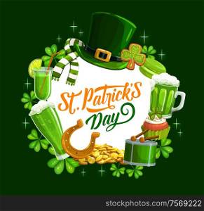 Patricks day banner with holiday symbols. Vector leprechaun hat and scarf, gingerbread cookies and mug of beer. Music drum and horseshoe, gold treasures, cocktails and cakes with shamrock leaves. Patricks feast holiday symbols, food and drinks