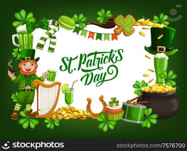 Patricks day frame of holiday attributes. Vector gingerbread shamrock, leprechaun in hat with harp, pot of gold. Cookies and green leaves, horseshoe and beer, cupcake with cocktail. Patricks Day holiday symbols, frame