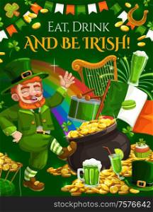 Patricks Day green shamrock and cartoon leprechaun character. Vector clover leaves, pot of gold and lucky horseshoe, elf cauldron with golden coins and rainbow, beer and Ireland flag. Irish holiday. Patricks Day green shamrock, leprechaun, gold, hat