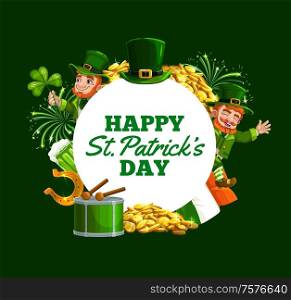 Patricks Day green shamrock, Leprechauns and gold frame. Irish holiday vector design. Flag of Ireland, lucky horseshoe and clover leaves, beer, golden coins and hat of Irish elf, drum, fireworks. Leprechaun, green shamrock, gold. Patricks Day