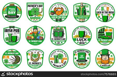Patricks day holiday icons. Vector Saint Patrick with green beer, Irish flag and bagpipes, golden horseshoe and clover leaf, leprechaun with golden coins in cauldron and hat. Patricks day holiday badges and symbols