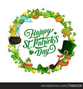 Patricks Day leprechaun hat, gold and shamrock vector greeting card. Green clover leaves, pot of golden coins and horseshoe, cake, elf orange beard, smoking pipe and rainbow with treasure cauldron. Patricks Day Irish green hat, shamrock, gold