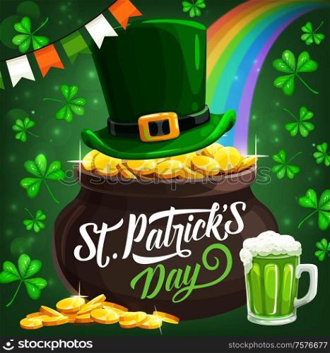 Patricks day leprechaun hat with golden buckle and gold coins pot. Irish traditional holiday, Patricks Day celebration flags and green ale beer mug, shamrock clover and rainbow. Patricks Day Irish leprechaun hat and gold coins