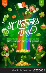 Patricks Day leprechauns dancing and sliding down on rainbow with gold. Green shamrock or clover leaves, pot of golden coins and Irish flag, treasure and beer. Party invitation vector design. Lunny leprechauns of Patricks Day