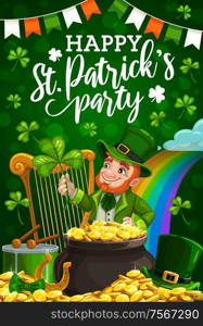 Patricks day party vector invitation with leprechaun, green shamrock and pot of gold. Irish holiday clover leaves, golden coins and horseshoe, celtic elf with red beard, rainbow and Ireland flag. Leprechaun, St Patricks shamrock and pot of gold