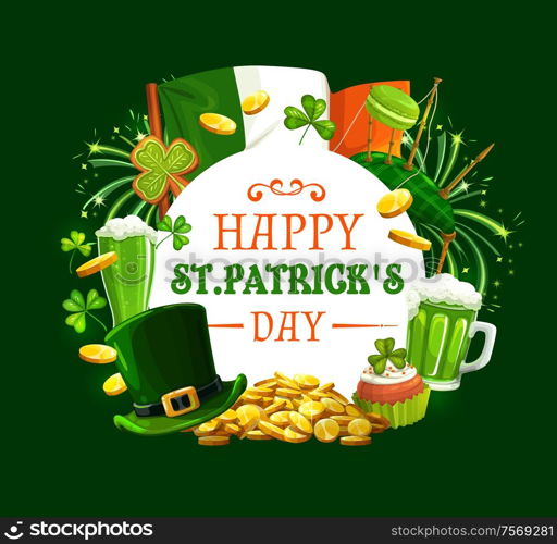 Patricks day round frame with Irish holiday symbols. Vector Ireland flag, gold coins, green fireworks and shamrock clover, bagpipe and macaroons, cupcake and ale beer, leprechauns hat and cookies. Frame of Patricks day holiday symbols